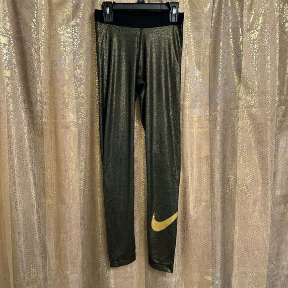 Nike Dri Fit Pro Cool Gold Black Sparkle Training Tights Leggings Small - Picture 1 of 10